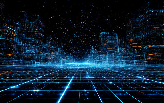 Futuristic digital cityscape with glowing grid and modern buildings