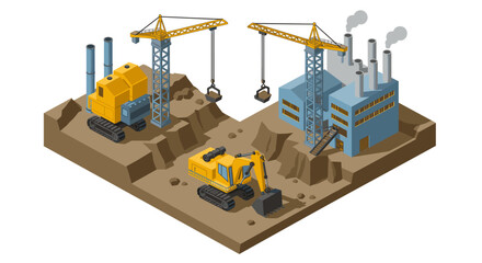 Isometric construction site with factory, cranes, and excavators