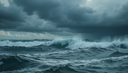 Obraz premium A wild ocean storm with turbulent waves crashing under a dark, dramatic, and foreboding cloudy sky