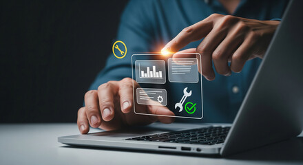 A technical support specialist works on a futuristic computer interface for system checks, maintenance services, and performance optimization