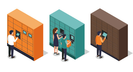 Isometric package pickup lockers with people using digital interface