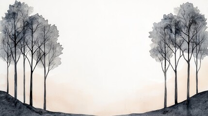Serene Minimalist Watercolor Landscape With Gray Trees