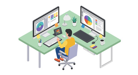 Isometric workspace design with dual monitors and modern technology setup