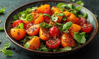 Colorful salad of tomatoes, quinoa, and greens
