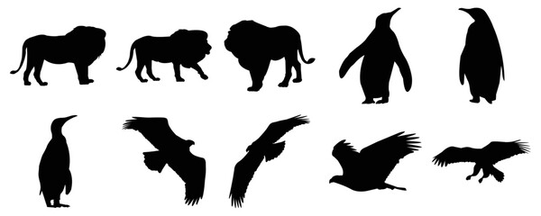 Set of flying eagle silhouette, cute black penguin silhouette, fierce black lion silhouette vector