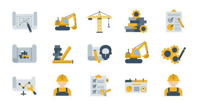 Construction icons set: engineering tools, machinery, and hard hat workers in flat style