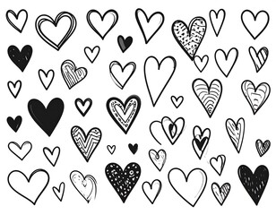 A collection of various hand-drawn heart shapes, showcasing a variety of styles and patterns in a whimsical and engaging design.  A simple, black and white graphic.