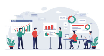 Team collaboration in modern office with data analysis and graphs