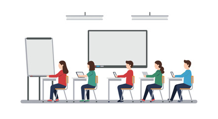 Classroom scene with students learning on tablets and whiteboard