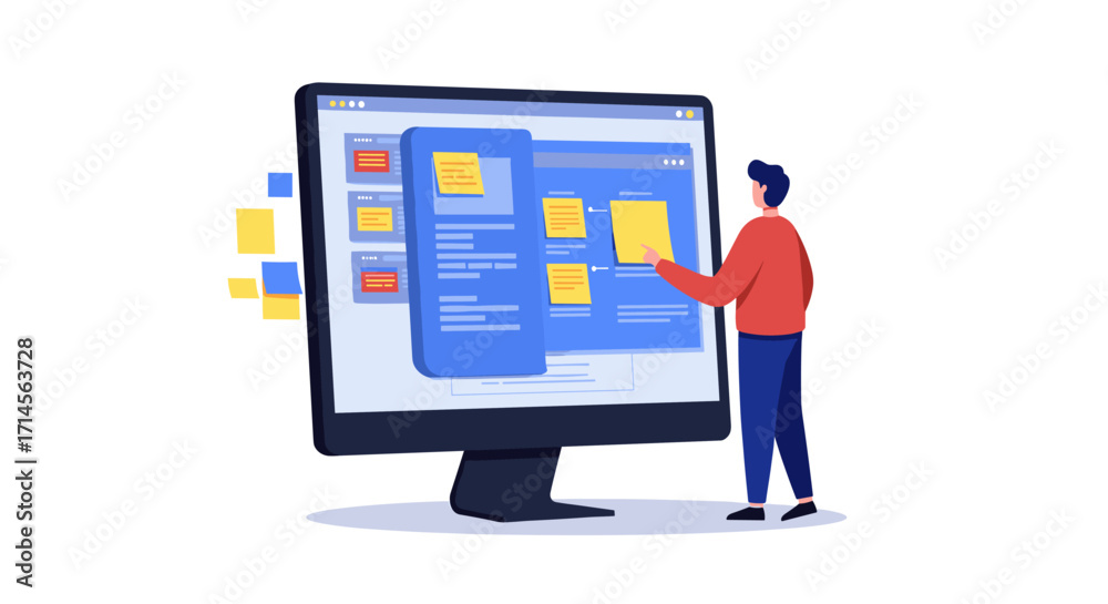 Wall mural interactive web design concept with developer and ui elements in modern flat style