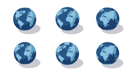 Set of 3d globes with rotating world map on white background