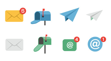 Communication icons set with mailbox, email, notification and paper airplane elements