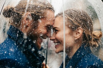 Fototapeta premium Romantic couple smiling under umbrella in rainy weather, close faces, love and happiness concept, cozy autumn mood, relationship, togetherness and emotional connection outdoors.