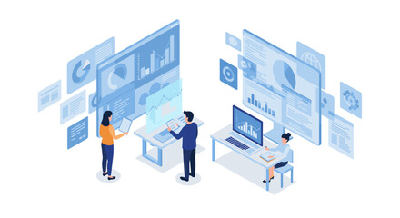 Isometric business analysis concept with professionals and data visualization