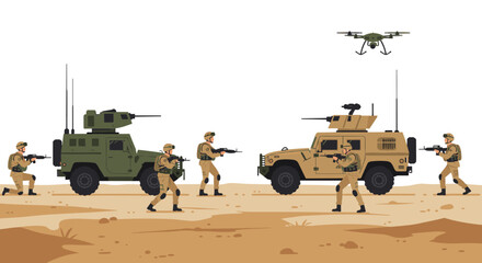 Military troops in action with armored vehicles and drone in desert scene