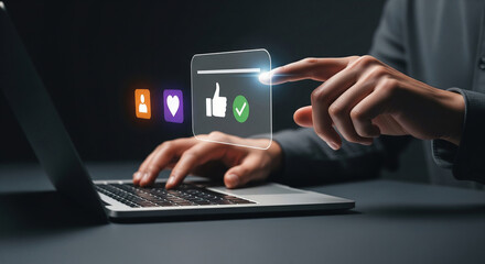 Businessman interacting with a futuristic social media interface on a laptop, pressing a virtual thumbs-up icon for positive feedback and approval