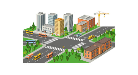 Isometric cityscape with urban architecture and transportation