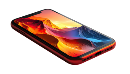 Red smartphone angled view, abstract landscape display