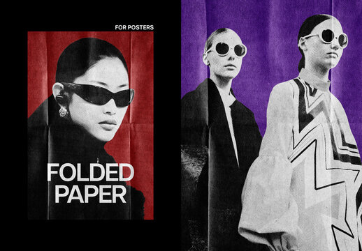 Folded Paper Risograph Poster Photo Effect Mockup