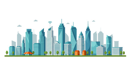 Obraz premium Modern urban skyline with futuristic high-rise buildings and green spaces