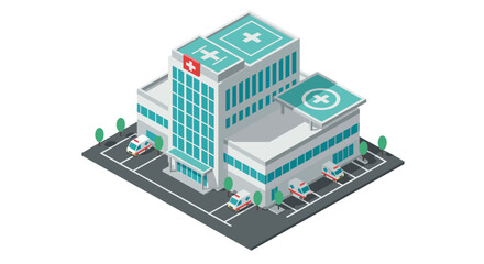 Modern isometric hospital building with ambulances and helipad in urban setting