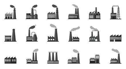 Industrial plant silhouettes set featuring factories and production facilities