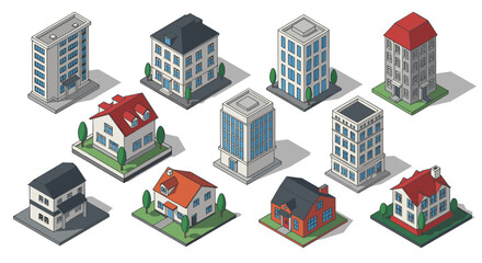 Isometric cityscape: diverse residential and apartment buildings set