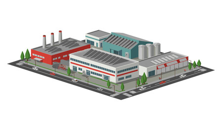Obraz premium Modern isometric industrial complex on urban streets with trees