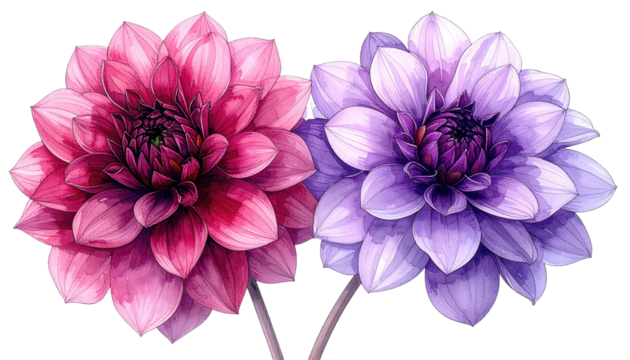 Two Dahlia flowers in contrasting colors