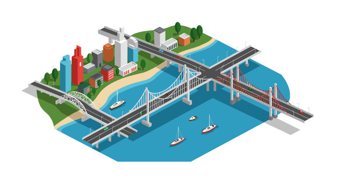 Isometric cityscape with bridges and waterways in vibrant urban setting