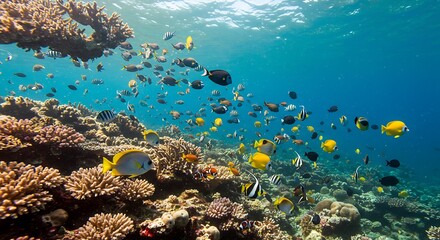 Obraz premium Colorful tropical fish swimming among vibrant coral reefs in a clear blue ocean