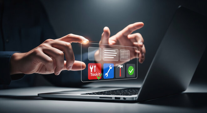 A person utilizing a futuristic floating virtual touchscreen with application icons for system configuration, online tutorials, and customer service solutions - Powered by Adobe