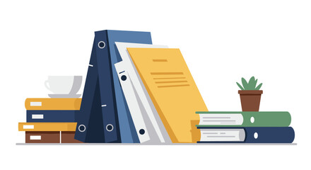 Office desk essentials: file folders, books, and plant in a minimalist flat design