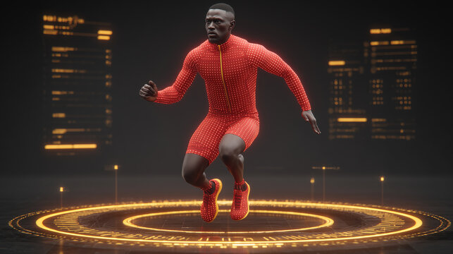 Athlete in red sportswear jumps inside glowing digital circle, futuristic training. - Powered by Adobe
