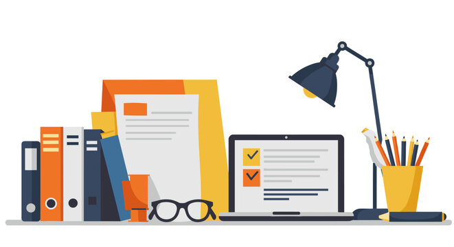 Flat design office workspace with laptop and documents