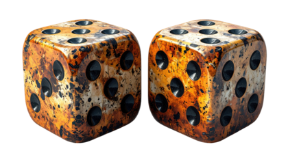 Two weathered dice, rusty orange, textured
