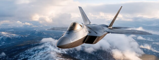 Fighter jet soaring high over mountains during a clear day with scattered clouds in the background showcasing advanced aviation technology