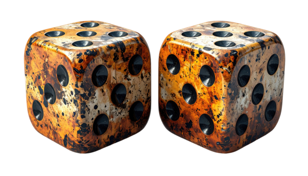 Two weathered dice, rusty orange, textured
