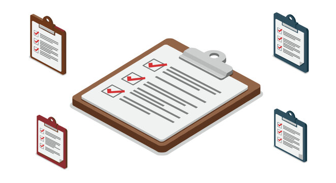 Isometric 3d checklists on clipboards with multiple colors and check marks
