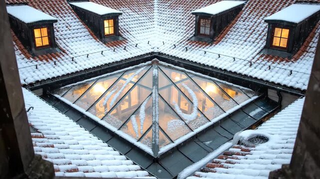 Snow-covered roofs with dormer windows and a glass roof feature, Captivating rooftop view with snow, dormers, and reflective glass in winter