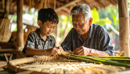 Grandfather and grandson weaving traditional bamboo crafts together in warm, natural setting, sharing joyful moment of cultural heritage and skill
