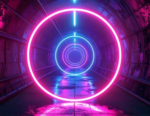 Neon rings illuminate a futuristic tunnel