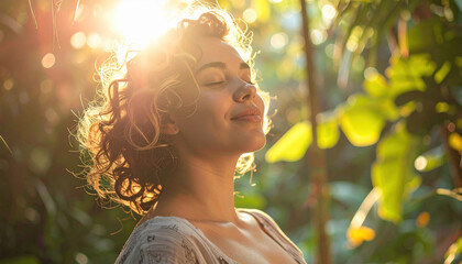 Woman sunlight nature outdoor portrait relaxation curly hair peaceful sunlight backlight green leaves serene calm beauty natural light summer warm happiness closed eyes fresh air sunlight flare