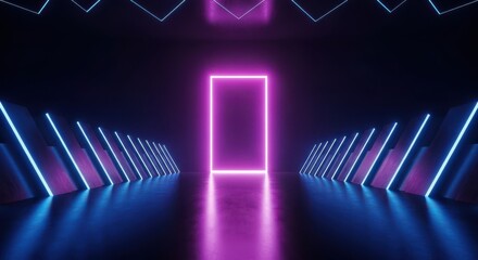 Futuristic Neon Tunnel With Glowing Purple Portal