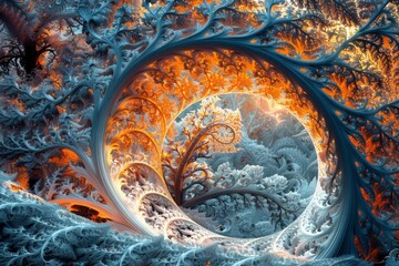 Fractal Vortex Intricate Ice Blue Twirls with Fiery Autumn Accents in a Mysterious Composition