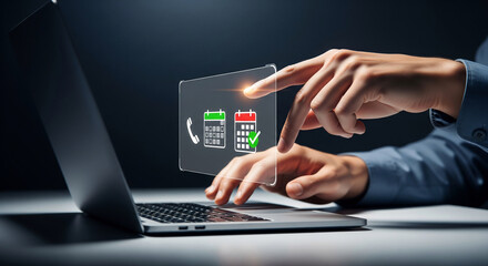 Businessman using a futuristic interface on a laptop to schedule appointments, manage his digital calendar, and organize calls