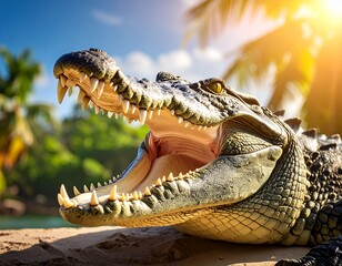 Obraz premium Close-up of big crocodile open mouth with sharp teeth, on green jungle background. 