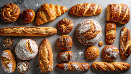 Fresh baked bread assortment with croissant, baguette, rolls, and rustic loaf on gray surface, showcasing golden crust and artisanal texture, evoking warmth and delicious aroma