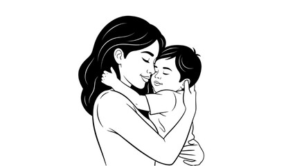 Minimalist line art vector illustration of a mother and child. Elegant, modern, and emotional design suitable for posters, wall art, logos, greeting cards, motherhood concepts, maternity themes