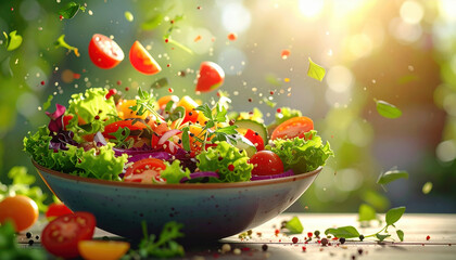 Fresh vegetable salad with lettuce, cherry tomato, herbs, and spices flying in bowl, glowing in warm sunlight, creating vibrant and healthy meal atmosphere